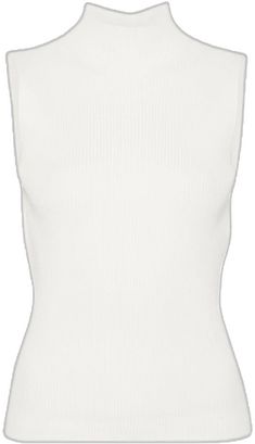 Chic Ribbed Turtleneck Tops, Chic Ribbed High Neck Top, Chic High Neck Ribbed Tops, White Crew Neck Tank Top With Ribbed Neckline, White Tank Top With Ribbed Crew Neck, Fitted White Tops With Ribbing, White Fitted Tops With Ribbing, Fitted Sleeveless Top With Ribbing, White Fitted Top With Ribbing