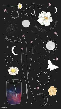 a black background with flowers, butterflies and other things on the bottom right hand corner