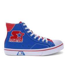 Step up your game with these retro-inspired high-top sneakers. The classic canvas uppers are paired with a durable rubber toe to keep your feet relaxed and to give a stylish nod to our athletic roots. The old-school stitching and bold color blocks give nostalgic vibes and elevated style to any casual look; pair those details with the iconic Starter logo, and you’ll be at peak performance any day of the week. But looking great is only part of the game; these men’s shoes go the extra mile in comfo Throwback Mid-top High-top Sneakers With Gum Sole, Throwback Blue High-top Sneakers, Retro Blue Mid-top High-top Sneakers, Urban High-top Sneakers With Rubber Toe Cap For Sports, Urban High-top Sneakers With Rubber Toe Cap, Blue Retro High-top Sneakers For Sports, Retro High-top Sneakers With Vulcanized Sole For Sports, Retro Blue High-top Sneakers For Sports, Retro High-top Basketball Shoes With Rubber Sole