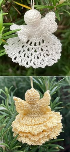 crocheted angel ornament hanging on a tree branch in two different colors