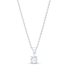 Balance style and substance with buildable basics - like this timeless 1/3 ct. diamond solitaire pendant in 14K white gold. Fashioned in 14K white gold This design simply sparkles with a 1/3 ct. diamond solitaire in a classic basket setting. Looks great alone or layered with other chains and necklaces This pendant suspends along an 18.0-inch cable chain that secures with a lobster claw clasp. Classic Round Cut Diamond Necklace With Tension Setting, Classic Solitaire Necklace With Round Cut In Tension Setting, Classic Diamond Necklace With Round Pendant In Tension Setting, Round Cut Solitaire Necklace With Tension Setting, Fine Jewelry Solitaire Necklace With Tension Setting, Classic Platinum Solitaire Necklace With Single Diamond, Solitaire Necklace With Tension Setting In Cubic Zirconia, Classic Diamond Necklace With Tension Setting, Classic Silver Solitaire Diamond Necklace