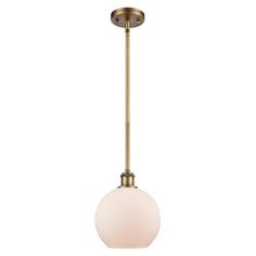 a small light fixture with a white glass ball hanging from it's end, on an isolated metal rod