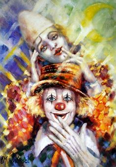 a painting of two clowns with one holding the other's head