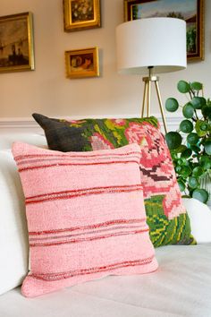 two pillows are sitting on the couch in front of some framed pictures and a potted plant