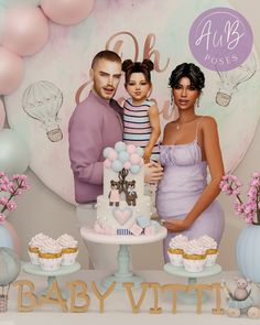 a couple and their baby girl are standing in front of a cake with balloons on it