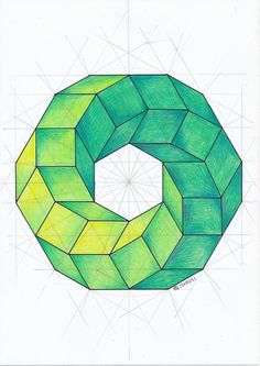 a drawing of a green and yellow geometric object with lines in the middle, on white paper