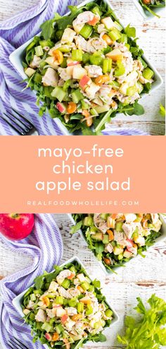 two bowls filled with salad on top of a white wooden table and the words mayo - free chicken apple salad above it