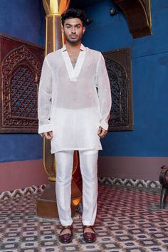 White sheer kurta with tonal floral print. Comes with pant pyjama. - Aza Fashions Sheer Kurta, Men Kurta, Kurta With Pants, Mens Pajamas, Aza Fashion, Silk Printing, Pajamas, Floral Print, Floral Prints