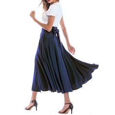 Navy Blue High Waisted Swing A-line Maxi Skirt Chic A-line Maxi Skirt In Solid Color, Chic Navy Pleated Skirt, Blue Culottes For Spring, Blue A-line Maxi Skirt For Summer, Chic Blue A-line Maxi Skirt, Chic Pleated Wrap Skirt For Summer, Navy Long Skirt For Spring, Navy Pleated Flowy Skirt, Blue Long Pleated Summer Skirt