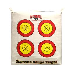 four red and yellow target pillows with the words supreme range target on them