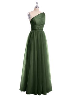 a green bridesmaid dress on a mannequin headdress with one shoulder