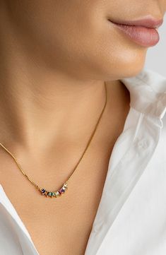 A curved bar pendant encrusted with rainbow-hued crystals adds shine to a dainty chain necklace. 19" length; 2" extender 14k-gold plate/glass crystal Imported Dainty Chain Necklace, Bar Pendant Necklace, Curved Bar, Dainty Chain, Rainbow Crystal, Bar Pendant, Glass Crystal, Chain Necklace, Gold Plate