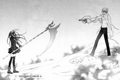 two anime characters are standing in the snow with their swords pointed at each other and one is holding a knife