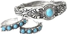 Turquoise Bohemian Metal Jewelry Sets, Southwestern Adjustable Hoop Jewelry, Southwestern Style Adjustable Hoop Jewelry, Southwestern Nickel-free Bangle Jewelry, Nickel-free Southwestern Style Bangle, Southwestern Style Nickel-free Bangle, Southwestern Style Nickel Free Bangle, Turquoise Southwestern Hoop Earrings, Turquoise Hoop Metal Jewelry