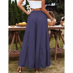 Navy Blue High Waist Cotton Loose Casual Pants Wide Leg Bottoms In Solid Color For Vacation, Wide Leg Solid Color Vacation Bottoms, Vacation Wide Leg Bottoms Solid Color, Vacation Wide Leg Bottoms In Solid Color, Vacation Solid Color Wide Leg Bottoms, High Waist Solid Color Pants For Vacation, Full-length Bottoms In Solid Color For Summer, Blue Ankle-length Solid Color Bottoms, Chic Solid Blue Pants