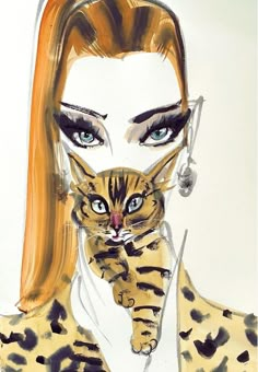 a drawing of a woman holding a cat with her face painted like a cheetah