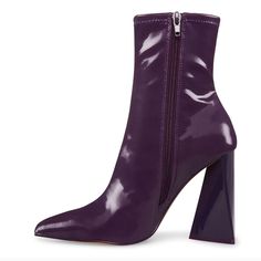 High Heeled Ankle Boot, 4 Inch Triangular Block Heel, Pointed Toe, Purple Patent Material, Zipper Closure On Side, 9.5 Inch Shaft Circumference, 5.75 Inch Shaft Height Brand New, Unworn, With Box, Selling Because They’re Too Small Around My Ankles! Purple Patent Boots, Medium Width Synthetic Heeled Boots With Pointed Toe, Synthetic High Heel Boots With Sculpted Heel, Modern Pointed Toe Synthetic Boots, Modern Synthetic Pointed Toe Boots, Fitted Booties With Reinforced Heel And Square Toe, Fitted Booties With Reinforced Heel And Closed Toe, Pointed Toe Synthetic Booties For Party, Party Pointed Toe Synthetic Booties