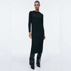 Long Dress With Round Neck And Long Sleeves. Rib Trim. Color: Black | 5536/130 New With Tags Casual Long Midi Dress For Evening, Chic Long Black Bodycon Dress, Sleek Dresses For Daywear In Fall, Sleek Fall Dresses For Daywear, Sleek Dresses For Fall Daywear, Fall Black Sheath Bodycon Dress, Zara Black Dress For Daywear, Black Knee-length Sweater Dress For Evening, Black Long Daywear Dresses