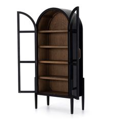 an open bookcase with shelves and doors on each side, in black finish to the front