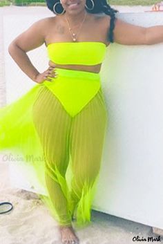 Olivia Mark - Fluorescent Green Solid Patchwork Two-Piece Set with Strapless and Backless Design for Plus Size Women Summer Green Mesh Bottoms, Green Mesh Bottoms For Summer, Green Strapless Party Swimwear, Green Strapless Swimwear For Party, Green Swimwear For Club, Spring Season, Neon Bottoms For Summer Party, Bandeau Crop Top, Sleeveless Suit, Plus Size Two Piece