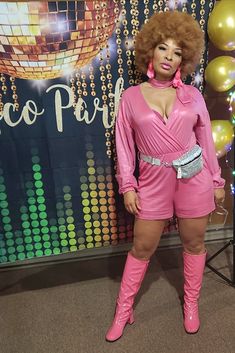 Black woman in pink disco party romper outfit with pink Go Go boots 007 Theme Party Outfit, 007 Theme Party Outfit Women, Disco Party Outfit Women, 007 Theme Party, Disco Party Outfit Ideas, Pink Disco Party, 007 Theme, Party Outfit Women, Disco Party Outfit