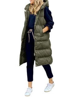 Arrives by Fri, Aug 19 Buy wsevypo Long Jacket Vest for Women Sleeveless Down Gilet Coat Hooded Waistcoat Longline Quilted Vest Winter Outerwear at Walmart.com Mode Mantel, Chique Outfit, Sleeveless Puffer, Sleeveless Coat, Cozy Coats, Gilet Long, Winter Vest, Cotton Vest