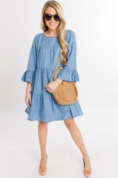 Tiered Chambray Dress :: NEW ARRIVALS :: The Blue Door Boutique Light Wash Chambray Dress For Day Out, Light Wash Chambray Denim Dress For Day Out, Tiered Top Outfit, Spring Chambray Denim Dress In Medium Wash, Spring Denim Dress With Ruffle Hem In Medium Wash, Spring Medium Wash Denim Dress With Ruffle Hem, Medium Wash Denim Dress With Ruffle Hem For Spring, Spring Medium Wash Chambray Denim Dress, Light Wash Chambray Denim Dress