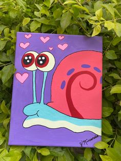 a painting of a snail with red eyes and hearts on it's back, in front of some green leaves