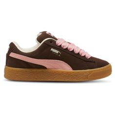 PUMA Suede XL | Foot Locker Shoes Size 6 Womens, Cute Comfy Shoes For Work, Brown Pink Shoes, Trendy Gym Shoes, Dombas Shoes, Rare Puma Shoes, Pink And Brown Shoes, Puma Sneakers Aesthetic, Cute Puma Shoes