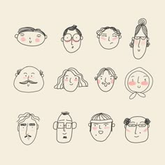 Face Expressions Illustration, Cartoon People Drawings Simple, Doodle Character Design, Self Portrait Doodle, Simple Faces To Draw, People Drawings Simple, Handdrawn Illustration Style, Face Doodles Sketch, Human Doodle People