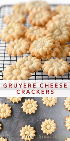 gruyere cheese crackers on a cooling rack with the words gruyere cheese crackers