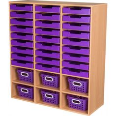 a wooden shelf filled with lots of purple bins