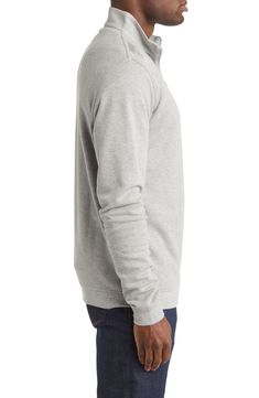 Incredible stretch and shape retention mean lasting comfort in this cotton-blend interlock pullover made with a quarter-zip placket for quick ventilation. 28 1/2" length (size medium) Stand collar 55% cotton, 40% modal, 5% polyester Hand wash, dry flat Imported Relaxed Fit Half-zip Cotton Sweats, Sporty Cotton Polo Sweater With Relaxed Fit, Cotton Half-zip Athleisure Sweats, Long Sleeve Cotton Henley With Ribbed Cuffs, Cotton Long Sleeve Henley With Ribbed Cuffs, Half-zip Cotton Sweatshirt With Ribbed Cuffs, Casual Cotton Half-zip Sweatshirt, Cotton Half-zip Sweatshirt For Layering, Cotton Half-zip Sweater With Ribbed Cuffs