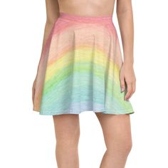 "Rainbow skirt // midi length // above the belly button 🌈  Cute gift for her! This \"Aloha Rainbow\" skirt represents hope, promise & endless possibility after any storm. A true treasure, this rainbow skirt will remind you to always choose cheer! 🐟  6% of profits go to protecting our oceans 🎉  FREE US SHIPPING & Reduced Worldwide Shipping This pastel rainbow skirt for women is this special: ✄ Handmade ♕ Premium Quality ❀ Low-impact dye ☺ Made w/ mindfulness ✩ My Original Watercolor Art (\"Alo Colorful Clothes Aesthetic, Boho Leggings, Vibrant Outfits, Rainbow Skirt, Bright Outfits, Trendy Spring Outfits, Cute Gifts For Her, Spring Clothing, Rainbow Outfit