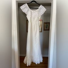 Excellent Vintage Condition! I Would Consider It An Xs Measurements Laying Flat Waist 12” Pit To Pit 16” Hips Around 17” Pit To Hem (Length) 43” Fully Lined White Dress With An Eyelet Outer Layer And Ruffled Eyelet Lace Trim On The Neckline And Hem The Neckline Is Not Stretchy But I Think It May Work Off The Shoulder As Well The Dress Is Really In Great Condition And Still Has Its Bright White Color! The Only Spot Is One Faint Gray Mark On The Back Shown In The Last 3 Photos, But It’s Quite Ligh Vintage White Midi Dress With Lace Trim, White Fitted Retro Maxi Dress, Boho Eclectic, Princess Wedding, White Eyelet, Eyelet Lace, Trim Color, Sheer Lace, Bright White