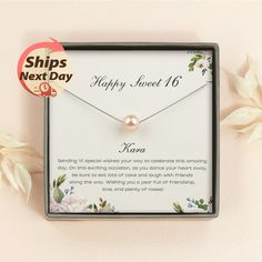 This delicate sweet 16 necklace features a lovely pearl, hanging from the delicate sterling silver or gold filled chain. Each sweet 16 necklace in this collection comes with a memorable quote printed on a wish card. It makes a beautiful and thoughtful 16th birthday gift for your daughters/nieces.  The message shown reads: "  Header:  Happy Sweet 16    Body:       Sending 16 special wishes your way to celebrate this amazing day.      On this exciting occasion, as you dance your heart away, Personalized Dainty Pearl Necklace For Anniversary, Elegant Charm Necklaces For Birthday And Valentine's Day, Elegant Charm Necklace For Valentine's Day Birthday, Elegant Birthday Charm Necklace, Elegant Charm Necklace As Birthday Gift, Personalized Dainty Pearl Necklace As Gift, Personalized Pearl Necklace For Anniversary And Mother's Day, Personalized Pearl Necklace For Anniversary On Mother's Day, Pearl Charm Necklace Gift