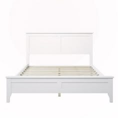 a white bed frame with two drawers on each side and no headboard or foot board