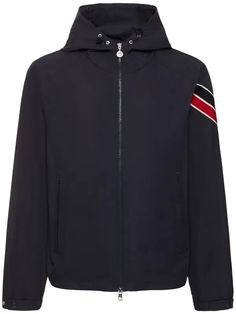 Moncler Claut Tech Jacket - Navy | Editorialist Hooded Nylon Track Jacket With Zipper, Sporty Hooded Windbreaker With Zip Cuffs, Hooded Nylon Windbreaker With Zip Cuffs, Casual Nylon Hooded Jacket With Zip Cuffs, Tech Jacket, Navy Man, Navy Jacket, Man Logo, Mens Navy