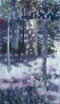 an oil painting of trees in the woods