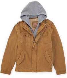 Levi's® Twill Hooded Military Trucker Jacket | Dillard's Western Mens Fashion, Mens Vest Fashion, Mens Outdoor Clothing, Military Inspired, Trucker Jacket, Mens Vest, Dillard's, Outdoor Outfit, Sleeve Cotton