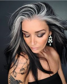 Dark Hair Color With Grey Highlights, Grey On Top Dark On Bottom Hair, Gray Blending Short Hair, Natural Salt And Pepper Hair Women, Grey Blending For Dark Hair, Short Salt And Pepper Hair, White Stripe Hair, Salt And Pepper Hair Color, Pepper Hair Color