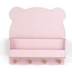 a pink wooden toy shelf with three pegs