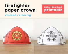 three paper hats with firefighter logos on them, one is red and the other is white