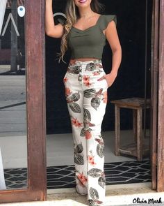 Color: Army-green, Size: L Mens Designer Hoodies, Floral Print Pants, Ruffle Crop Top, Top And Pants Set, High Waist Pants, Flutter Sleeve Top, Trend Fashion, Printed Pants, Looks Vintage