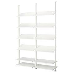 a white shelving unit with six shelves on each side and one shelf above the other