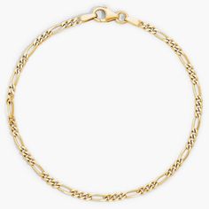 This Figaro chain combines alternating link sizes with 14k Italian yellow gold to create a must-have bracelet for your collection. Yellow Gold Figaro Chain Bracelet With Rectangular Links, Everyday Gold Figaro Chain Link Bracelet, Classic Gold Bracelet With Figaro Chain And Oval Links, Classic Gold Bracelet With Figaro Oval Link, Classic Gold Bracelet With Figaro Chain, Classic Figaro Chain Bracelet With Oval Links, 14k Gold Figaro Chain Bracelet With Rectangular Links, 14k Gold Figaro Chain Link Bracelet, Yellow Gold Figaro Chain Link Bracelet