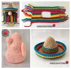 crocheted hats and other items are shown in three different pictures, including one with a hat on top