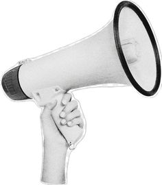 a drawing of a hand holding a white megaphone with black trim and an oval horn