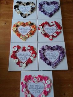 four cards with buttons arranged in the shape of hearts and sayings on them,