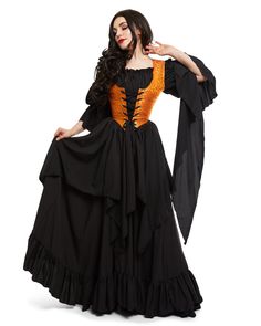 This Lovely Sorceress Costume includes the Bodice, Underskirt and ChemiseThis lovely chemise has it all- Dramatic elongated sleeves, 4 point skit and a fitted, smocked waist. The full ruffle skirt is long enough to be tucked in or worn over a hoop skirt. The drawstring allows for a wonderful fit (see sizing below). The costume is tied together by the brightly colored bodice- in a stunning brocade. Sizing:Bodice Sizing (in inches):Size Bust Waist Lengths/m 34-36 26-28 16"l/xl 38-40 30-32 16"1X/2X Sorceress Costume, Corset Looks, Witch Cosplay, Hoop Skirt, Medieval Dress, Dramatic Look, Brocade Fabric, Ruffle Skirt, Favorite Dress